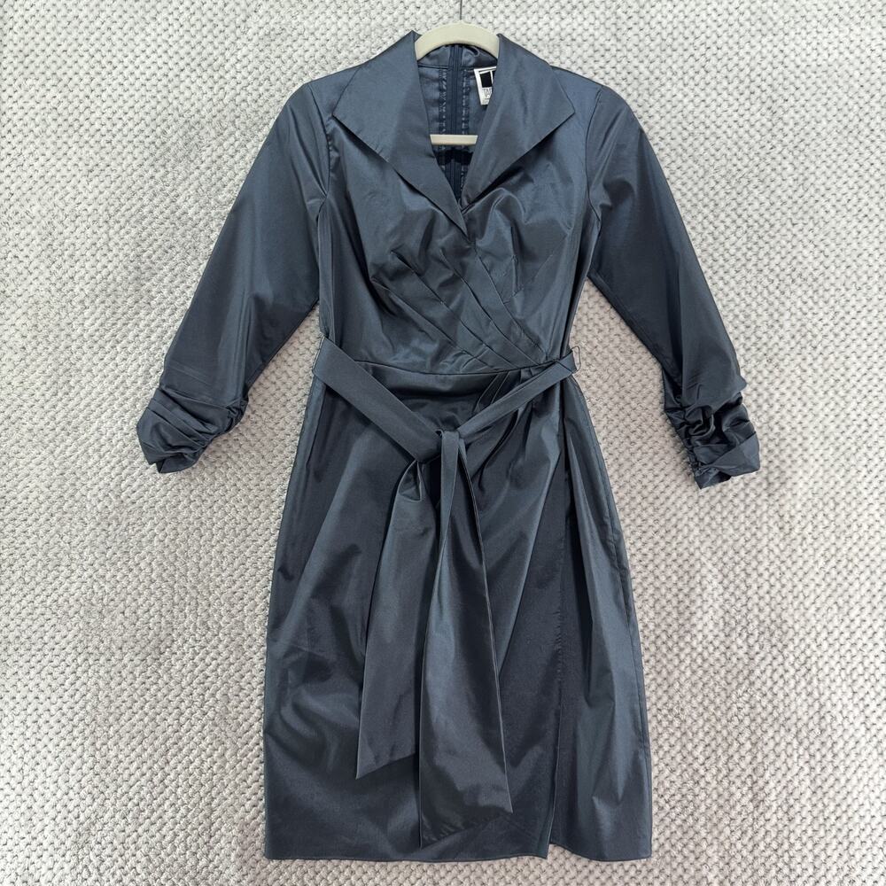 T TADASHI Dress Womens 8P Blue Metallic Faux Wrap Tie Front Zip Collar V-Neck